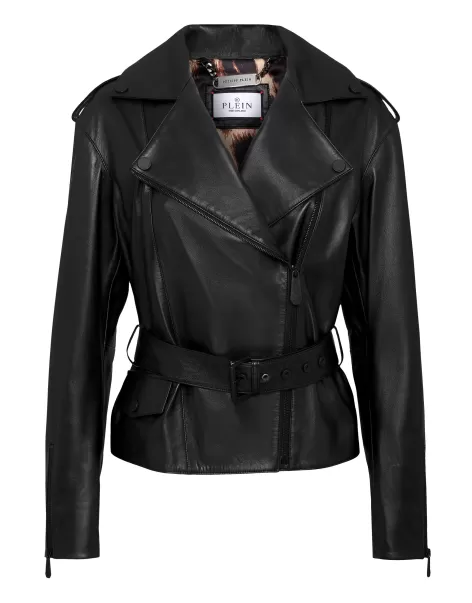 Philipp Plein Entwicklung Black Damen Oversize Leather Jacket Oberbekleidung
