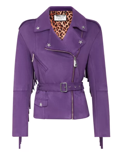 Preis Philipp Plein Oberbekleidung Damen Purple Eco Suede Oversize Biker Jacket Stars