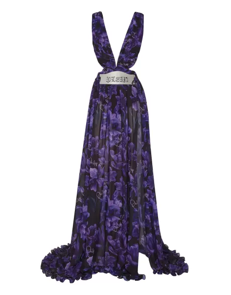 Damen Kleider Geschäft Chiffon Long Dress Flowers Black Philipp Plein