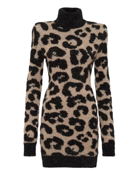 Damen Leopard Kleider Padded Shoulder Lurex Turtleneck Dress Philipp Plein Marktpreis