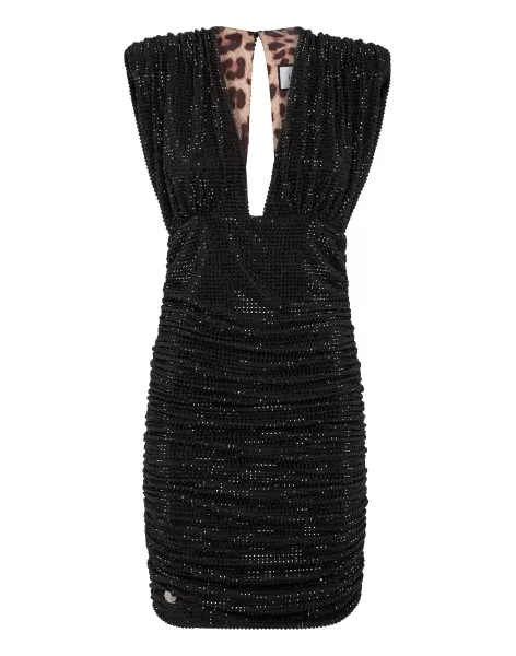 Komfort Shoulder Padded Mini Dress Stones Damen Black Kleider Philipp Plein