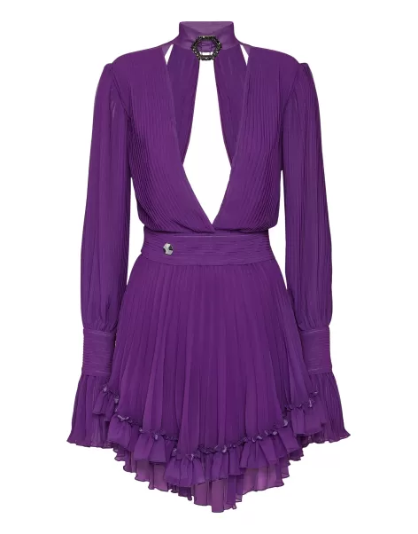 Chiffon Plisse Short Dress Kleider Geschäft Philipp Plein Purple Damen