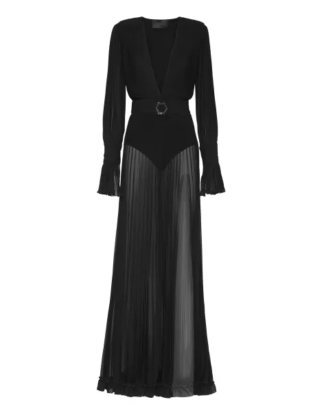 Philipp Plein Kleider Damen Angebot Chiffon Long Dress Black