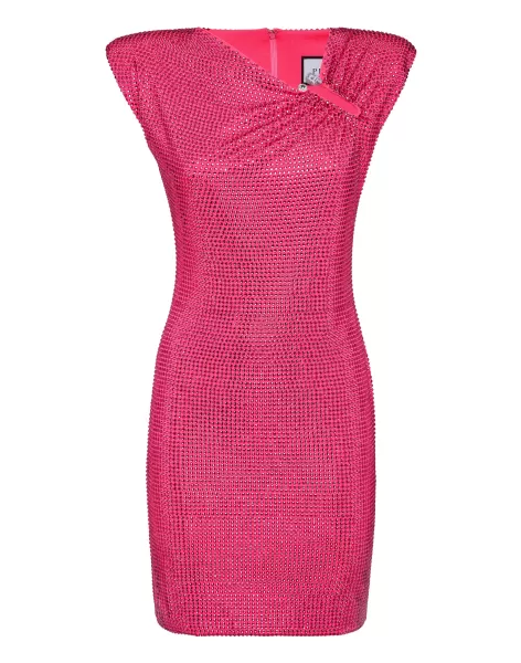 Merkmal Damen Kleider Fuxia Padded Shoulder Mini Dress Fluo Strass Philipp Plein