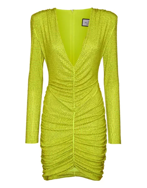 Yellow Fluo Damen Kunde Philipp Plein Padded Shoulder Mini Dress Ls Fluo Strass Kleider