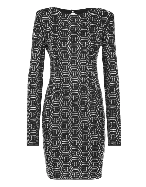Black Philipp Plein Kleider Damen Mini Dress Ls Monogram Produktqualitätskontrolle