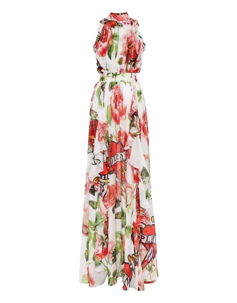 White / Multicolored Philipp Plein Damen Rabattaktion Kleider Silk Chiffon Long Dress Love