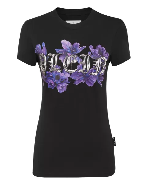 Black Damen Empfehlen T-Shirts & Poloshirts Philipp Plein T-Shirt Round Neck Sexy Pure Fit Flowers