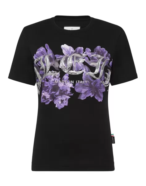 Damen T-Shirts & Poloshirts Black Philipp Plein Billig Padded Shoulder T-Shirt Sexy Pure Fit Flowers