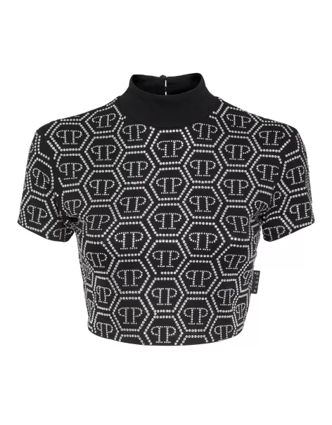 Philipp Plein T-Shirts & Poloshirts Black Neues Produkt Cropped T-Shirt Monogram Strass Damen