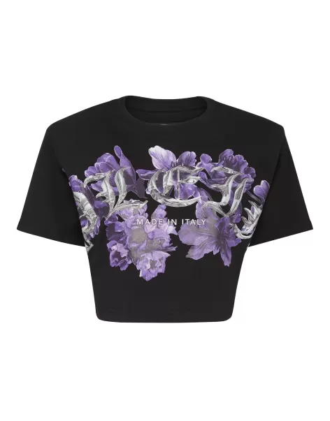 Philipp Plein T-Shirts & Poloshirts Damen Padded Shoulder Cropped Top Flowers Black Kauf