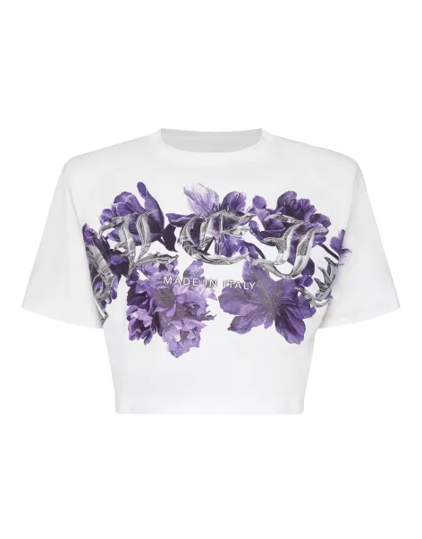 T-Shirts & Poloshirts Padded Shoulder Cropped Top Flowers Damen Rabattaktion White Philipp Plein