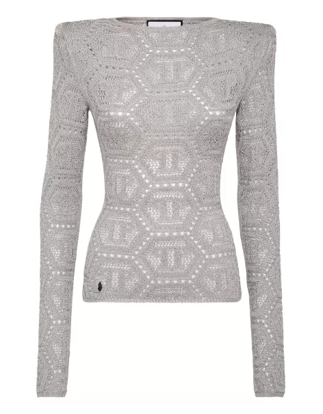 Lurex Padded Shoulder Sweater Hexagon Silver Gut Damen Strickwaren Philipp Plein