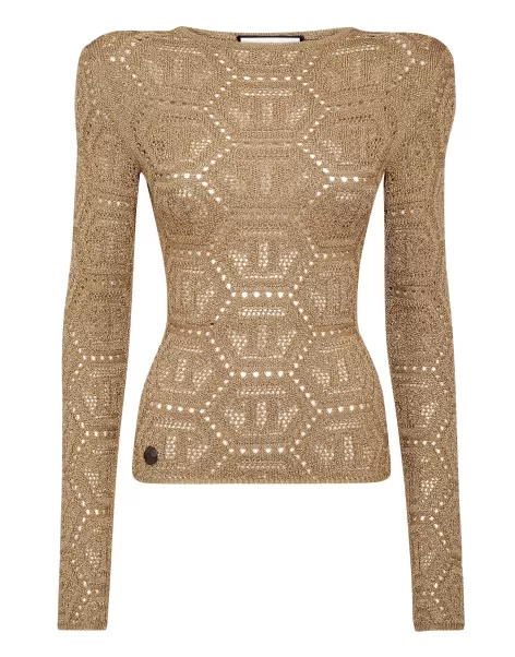 Gold Damen Lurex Padded Shoulder Sweater Hexagon Strickwaren Philipp Plein Bestellung