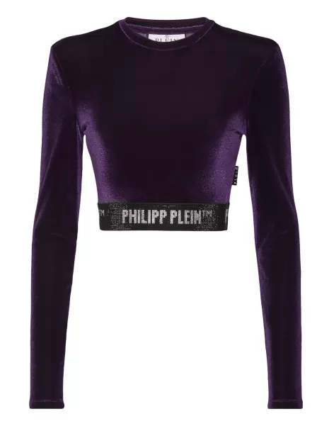 Purple Damen Long-Sleeve Padded Shoulder Cropped Top Crystal Philipp Plein Oberteile Technologie