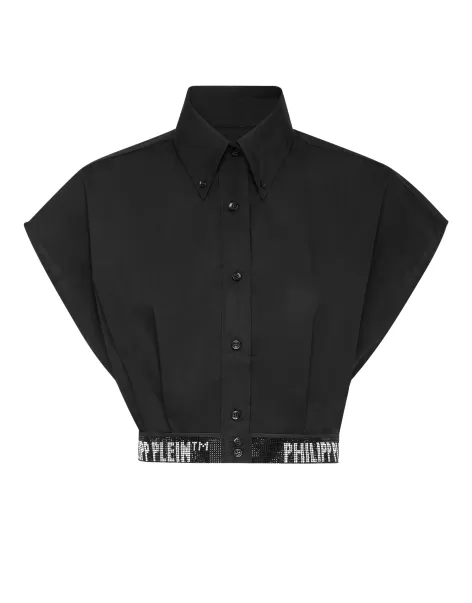 Damen Black Philipp Plein Oberteile Entwicklung Popeline Cropped Shirt