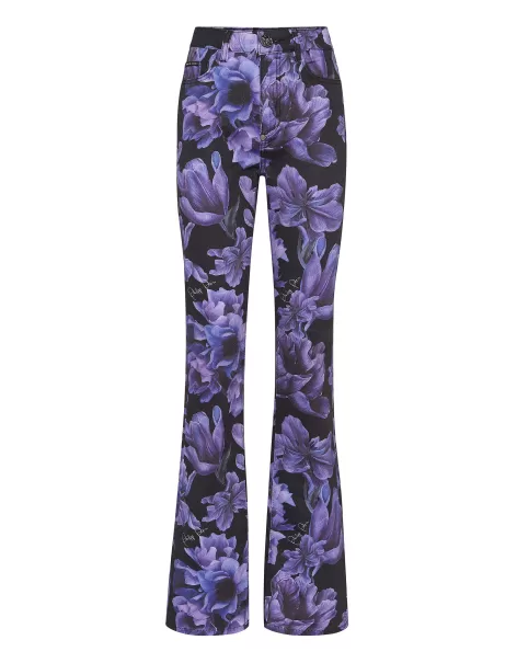 Damen Denim Trousers  Flare Fit Flowers Mode Black Denim Philipp Plein