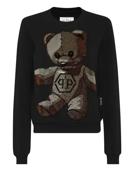 Damen Black Sweatshirt With Crystals Teddy Bear Activewear Philipp Plein Fertigung