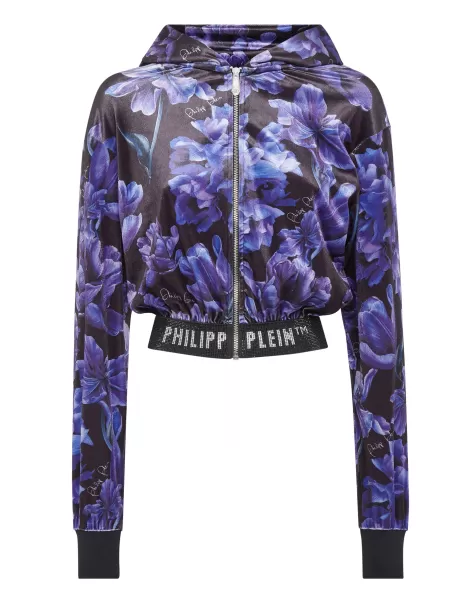 Black Kunde Activewear Philipp Plein Damen Cropped Hoodie Sweatjacket Flowers