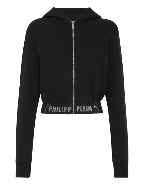 Activewear Damen Philipp Plein Black Online-Shop Cropped Hoodie Sweatjacket Stones