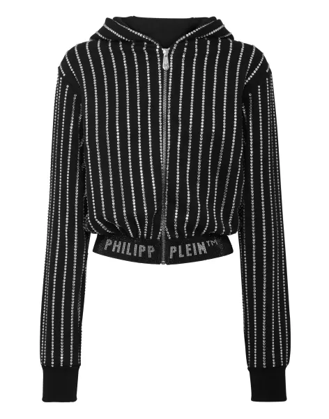 Cropped Hoody Sweatjacket With Crystals Crystal Pinstripe Black Philipp Plein Damen Verkauf Activewear