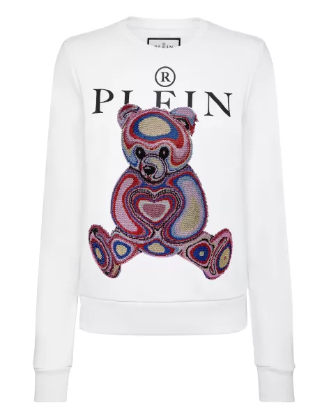 White Damen Activewear Günstig Philipp Plein Sweatshirt Ls With Crystals Teddy Bear