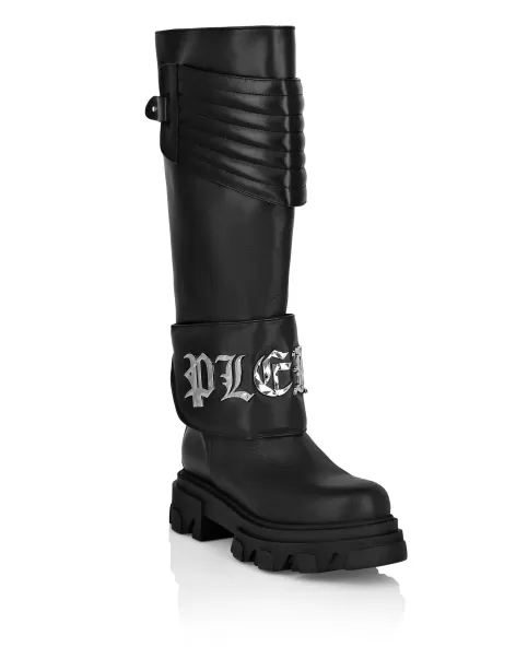 Black Philipp Plein Reduzierter Preis Damen Leather Boots High Flat Gothic Plein Boots & Stiefeletten