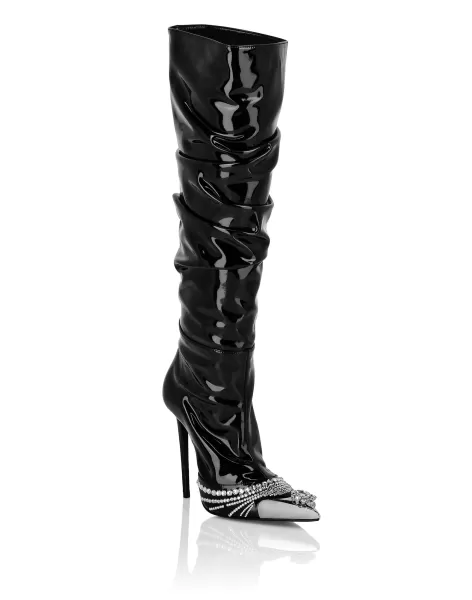 Philipp Plein Boots & Stiefeletten Black Damen Rabattabzug Patent Leather Boots Hi-Heels