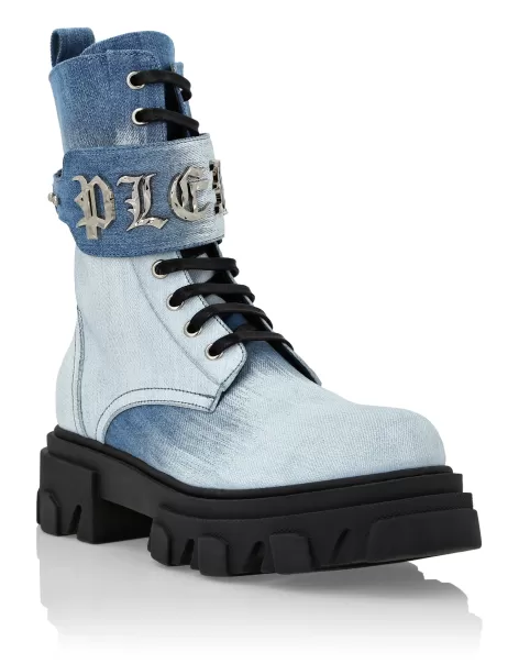 Boots & Stiefeletten Eigenschaft Blue/White Philipp Plein Denim Mid Flat Boots Gothic Plein Damen