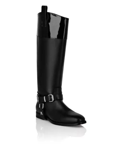 Philipp Plein Damen Haltbarkeit Black Patent Leather Boots High Flat Boots & Stiefeletten