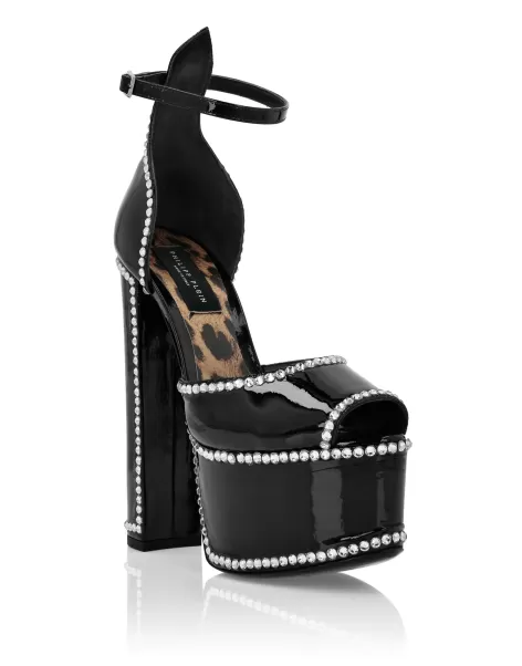 Philipp Plein Sandalen Damen Verkaufen Patent Leather Platform Sandals Hi-Heels Black