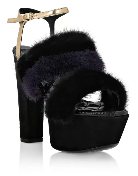Damen Black Platform Sandals High Heels With Real Fur Sandalen Philipp Plein Vielseitigkeit