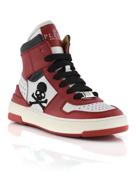 Kinder Red / White Schuhe Philipp Plein Sneakers High Top Box Sole Lace Embroidery Skull Ware
