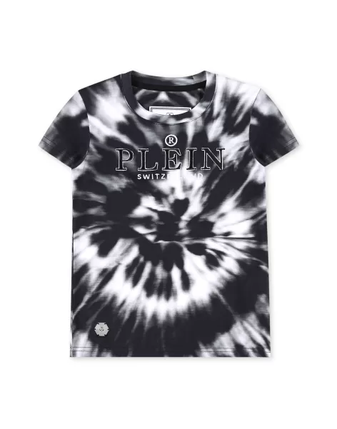 Black / White Rabatt Philipp Plein Bekleidung Kinder T-Shirt Crop Round Neck Ss Tie Dye